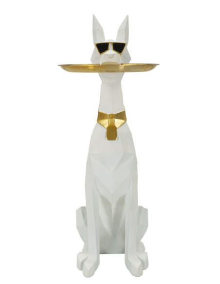 Statue déco moderne Dobermann avec plateau Hauteur 74 cm en Résine Métal Blanc Doré Ory 