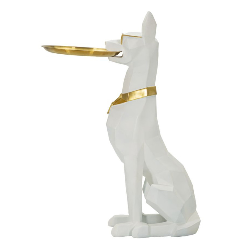 Statue déco moderne Dobermann avec plateau Hauteur 74 cm en Résine Métal Blanc Doré Ory 