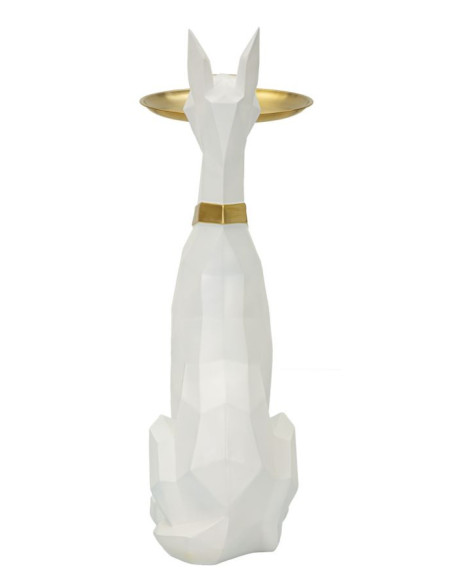 Statue déco moderne Dobermann avec plateau Hauteur 74 cm en Résine Métal Blanc Doré Ory 