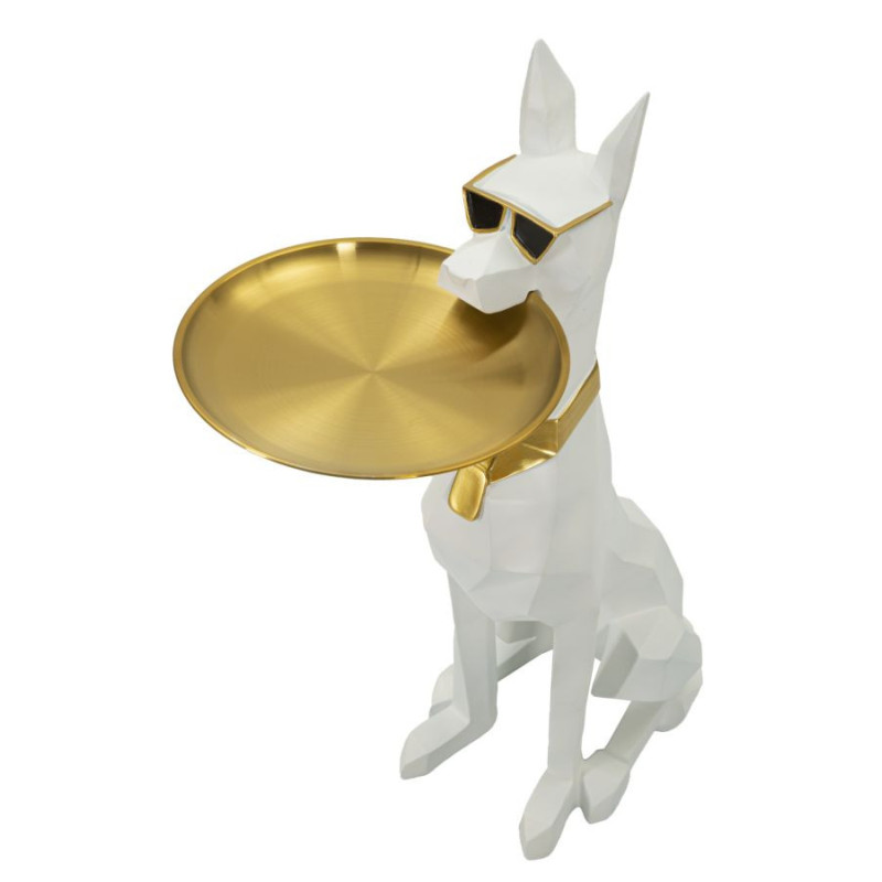 Statue déco moderne Dobermann avec plateau Hauteur 74 cm en Résine Métal Blanc Doré Ory 