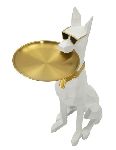 Statue déco moderne Dobermann avec plateau Hauteur 74 cm en Résine Métal Blanc Doré Ory 