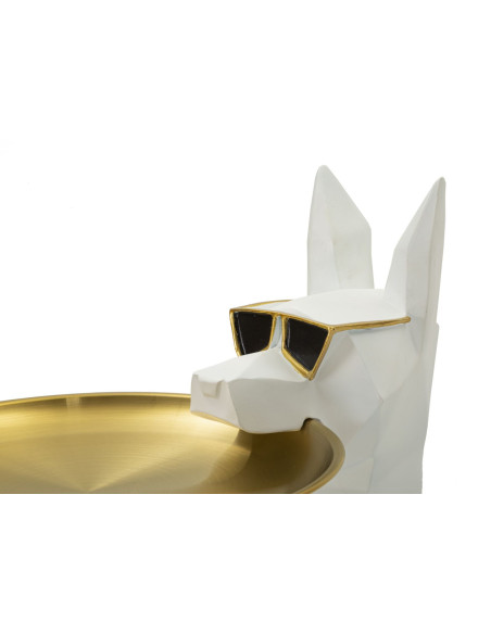 Statue déco moderne Dobermann avec plateau Hauteur 74 cm en Résine Métal Blanc Doré Ory 