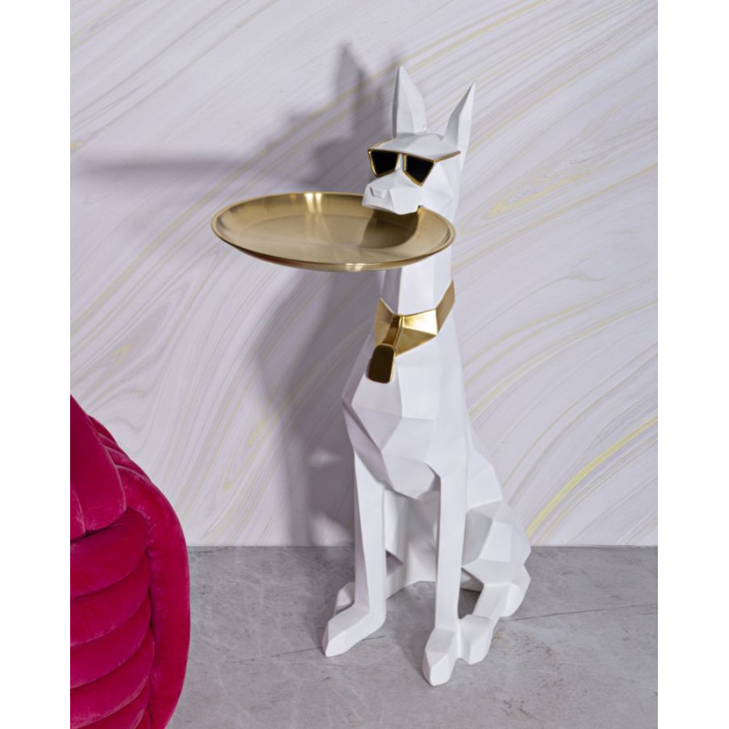 Statue déco moderne Dobermann avec plateau Hauteur 74 cm en Résine Métal Blanc Doré Ory 
