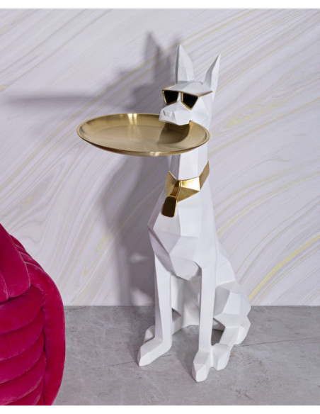 Statue déco moderne Dobermann avec plateau Hauteur 74 cm en Résine Métal Blanc Doré Ory 