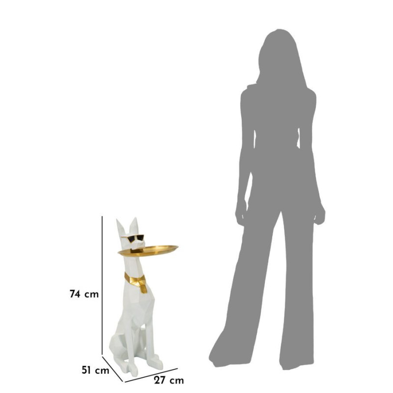 Statue déco moderne Dobermann avec plateau Hauteur 74 cm en Résine Métal Blanc Doré Ory 