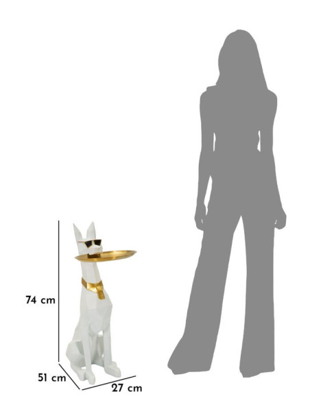 Statue déco moderne Dobermann avec plateau Hauteur 74 cm en Résine Métal Blanc Doré Ory 