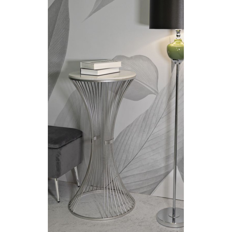 Sellette haute moderne Ronde Hauteur 100 cm en Marbre Blanc Métal Argenté Funnel 