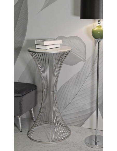 Sellette haute moderne Ronde Hauteur 100 cm en Marbre Blanc Métal Argenté Funnel 
