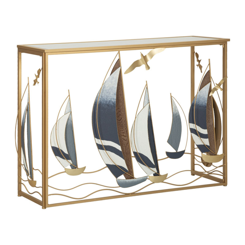 Console Bord de mer Voiliers Rectangulaire en Métal Doré Bois Miroir Vele 