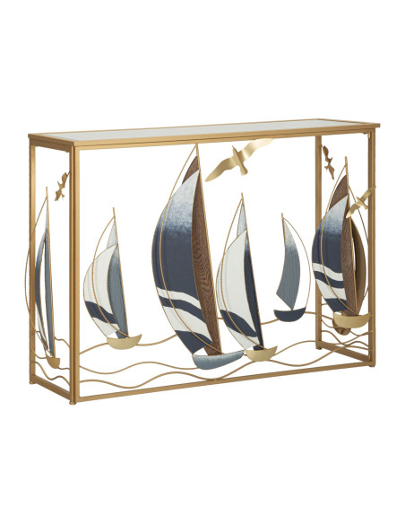 Console Bord de mer Voiliers Rectangulaire en Métal Doré Bois Miroir Vele 