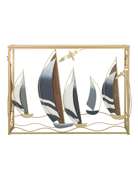 Console Bord de mer Voiliers Rectangulaire en Métal Doré Bois Miroir Vele 