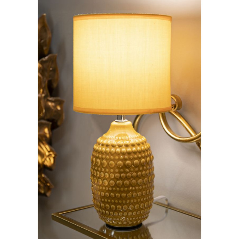 Lampe à poser moderne Hauteur 30 cm en Céramique Tissu Jaune ocre Métal Argenté Points 