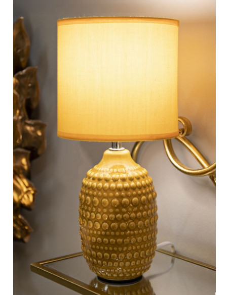 Lampe à poser moderne Hauteur 30 cm en Céramique Tissu Jaune ocre Métal Argenté Points 