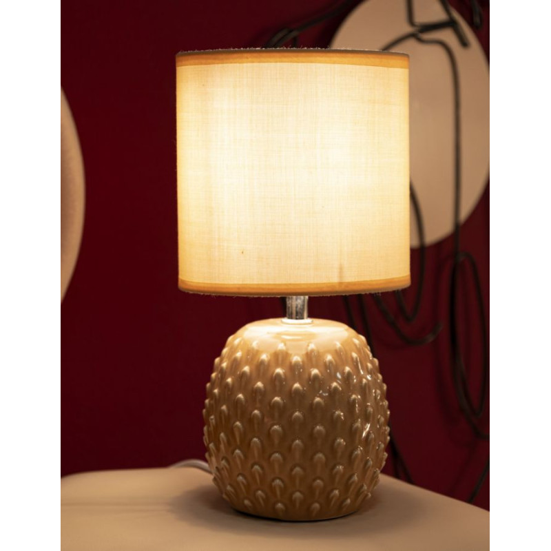 Petite Lampe à poser moderne Hauteur 27 cm en Céramique Tissu Pêche Métal Argenté Pontus 
