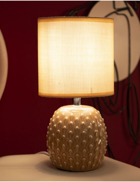 Petite Lampe à poser moderne Hauteur 27 cm en Céramique Tissu Pêche Métal Argenté Pontus 