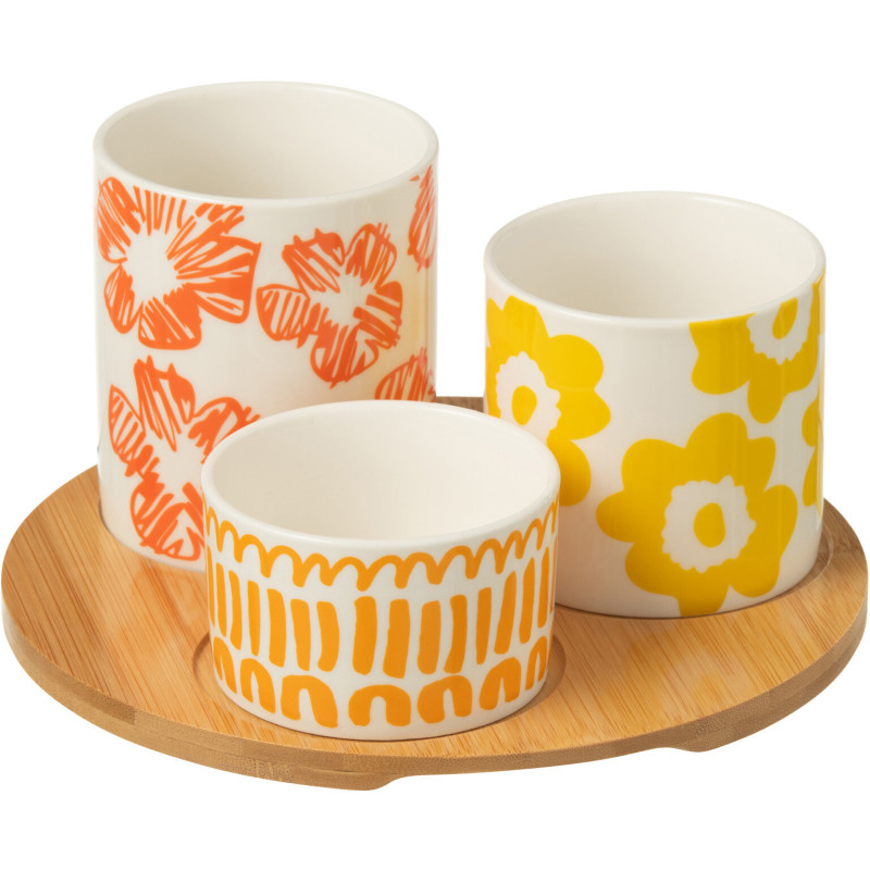 Plateau apéro 3 récipients Rond 20 cm en Bambou Naturel Céramique Blanc Orange Jaune Fuchsia Candace - 1