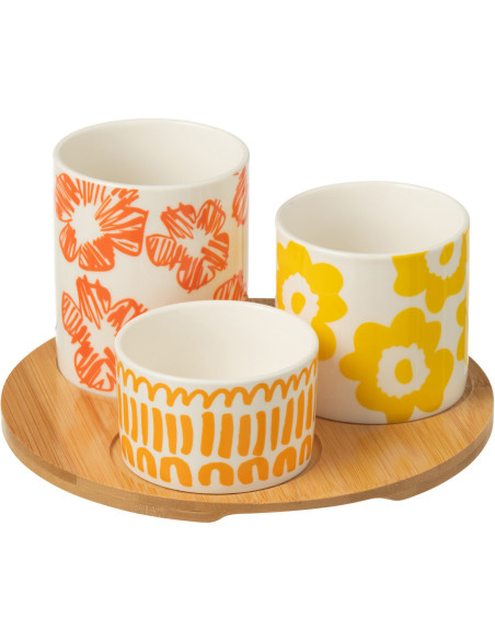Plateau apéro 3 récipients Rond 20 cm en Bambou Naturel Céramique Blanc Orange Jaune Fuchsia Candace - 1