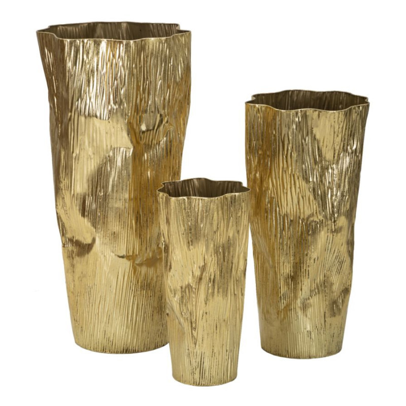 Grand Vase déco haut moderne Rond en Métal Doré Brillant Glolly Tris (Lot de 3) 