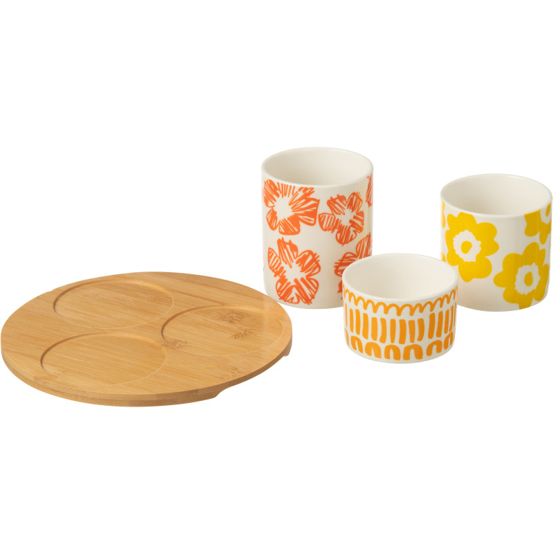 Plateau apéro 3 récipients Rond 20 cm en Bambou Naturel Céramique Blanc Orange Jaune Fuchsia Candace - 2