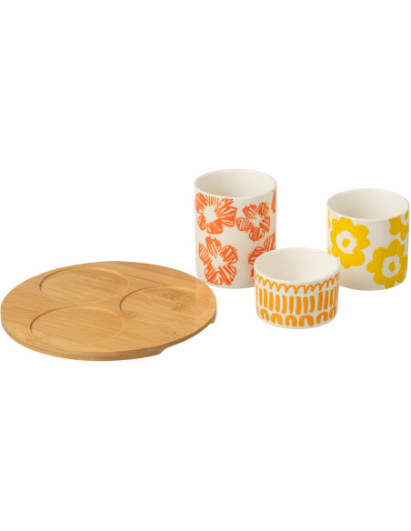 Plateau apéro 3 récipients Rond 20 cm en Bambou Naturel Céramique Blanc Orange Jaune Fuchsia Candace - 2