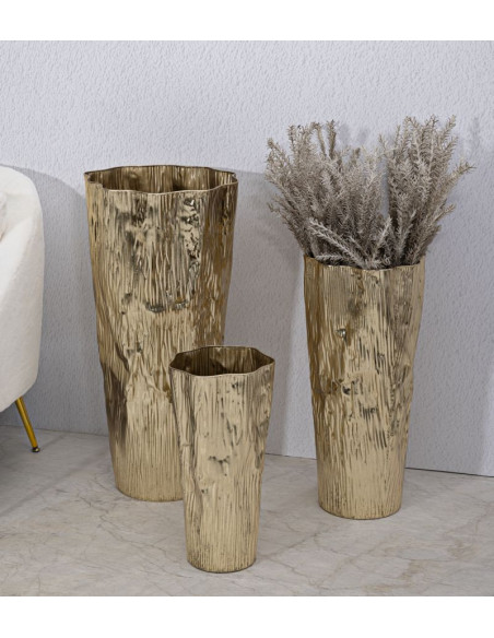 Grand Vase déco haut moderne Rond en Métal Doré Brillant Glolly Tris (Lot de 3) 