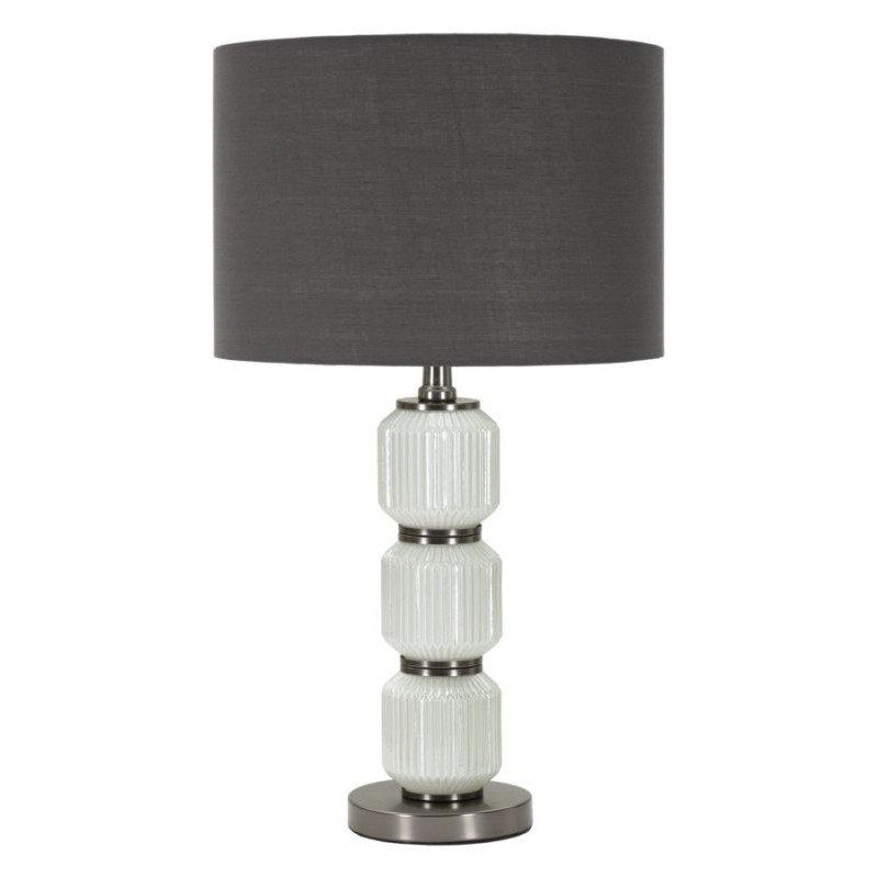 Grande Lampe à poser moderne Hauteur 57 cm en Céramique Blanc Brillant Tissu Gris Métal Argenté Brighty 