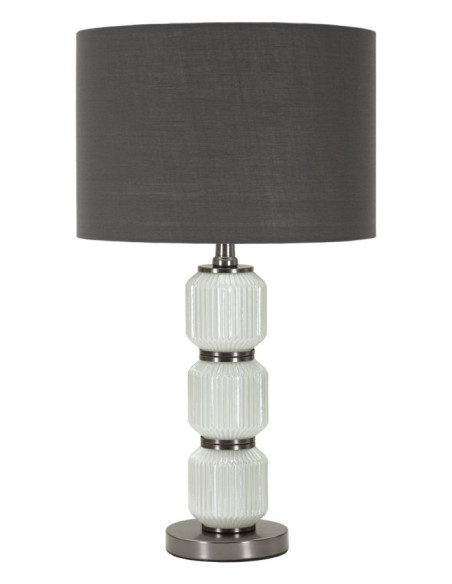 Grande Lampe à poser moderne Hauteur 57 cm en Céramique Blanc Brillant Tissu Gris Métal Argenté Brighty 