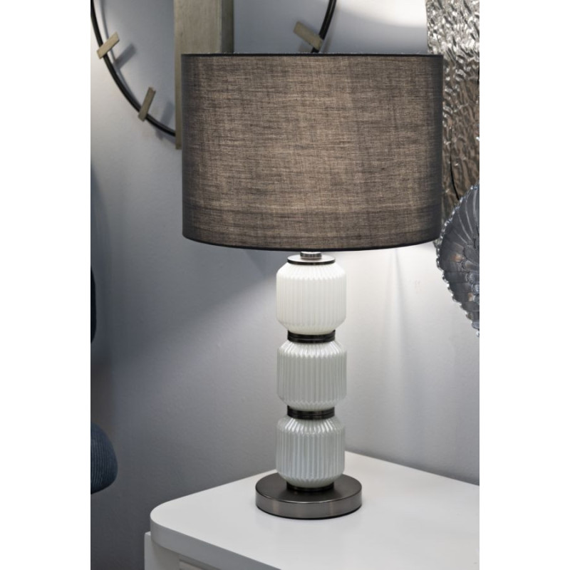 Grande Lampe à poser moderne Hauteur 57 cm en Céramique Blanc Brillant Tissu Gris Métal Argenté Brighty 