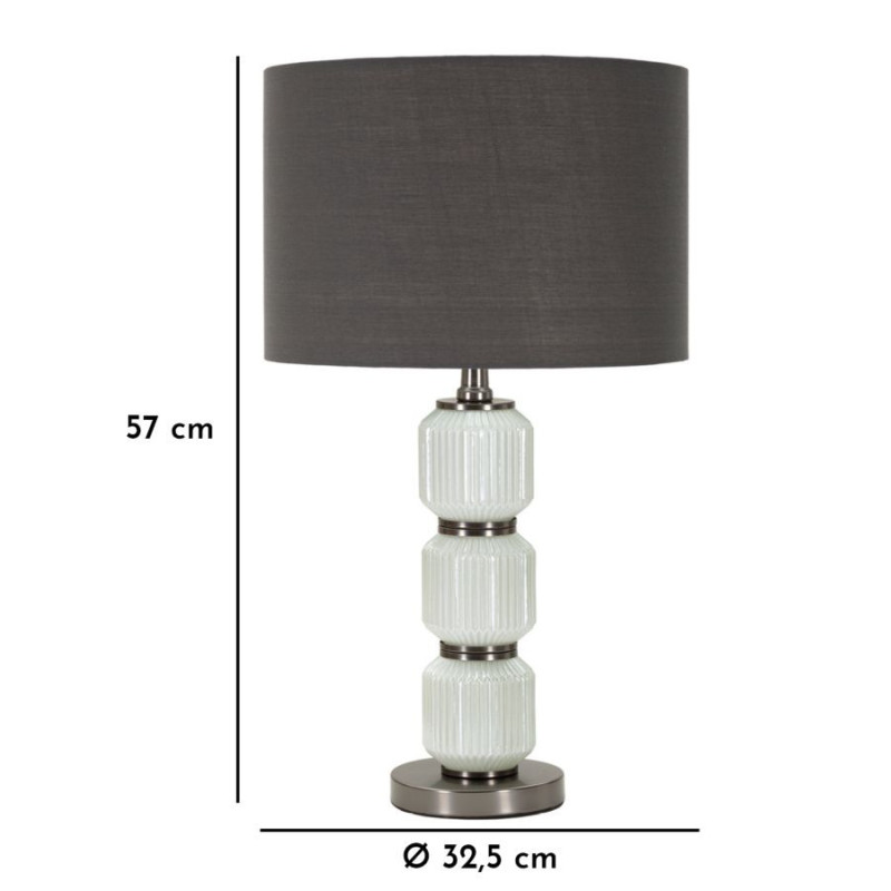 Grande Lampe à poser moderne Hauteur 57 cm en Céramique Blanc Brillant Tissu Gris Métal Argenté Brighty 