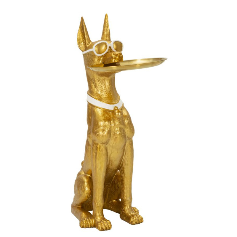 Statue déco moderne Dobermann avec plateau Hauteur 74 cm en Résine Métal Doré Blanc Pit 