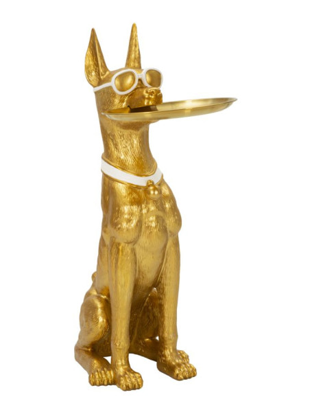 Statue déco moderne Dobermann avec plateau Hauteur 74 cm en Résine Métal Doré Blanc Pit 