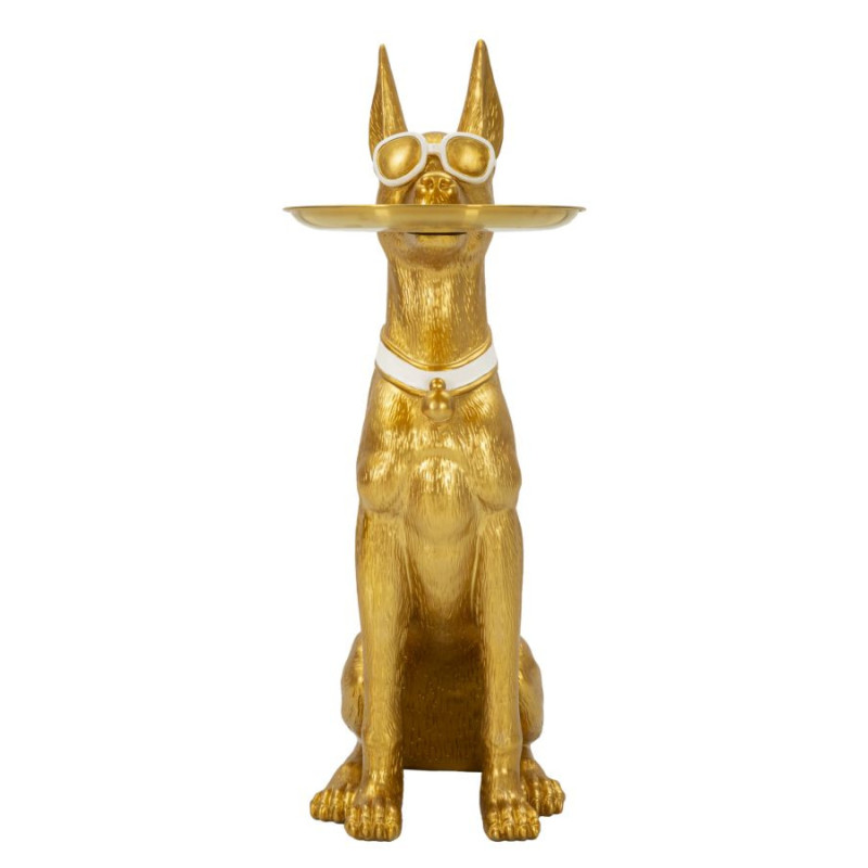 Statue déco moderne Dobermann avec plateau Hauteur 74 cm en Résine Métal Doré Blanc Pit 