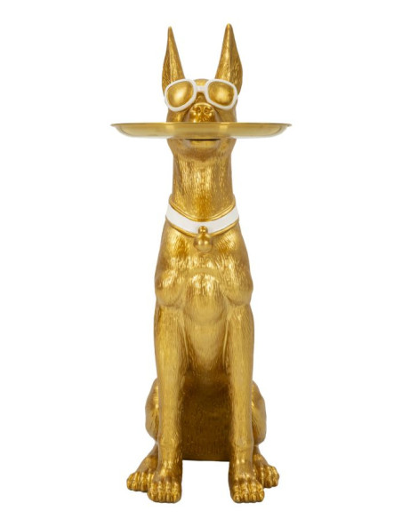 Statue déco moderne Dobermann avec plateau Hauteur 74 cm en Résine Métal Doré Blanc Pit 