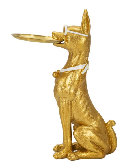 Statue déco moderne Dobermann avec plateau Hauteur 74 cm en Résine Métal Doré Blanc Pit 