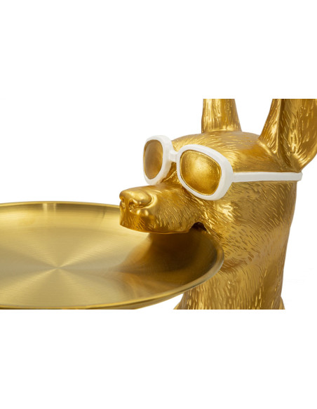 Statue déco moderne Dobermann avec plateau Hauteur 74 cm en Résine Métal Doré Blanc Pit 