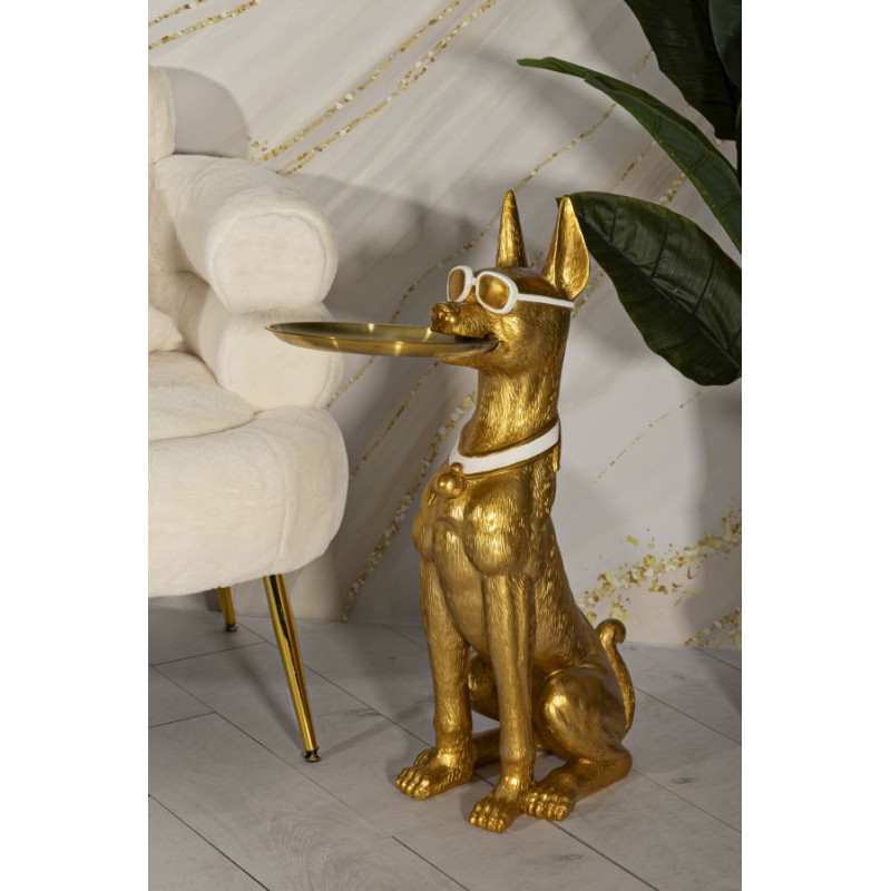 Statue déco moderne Dobermann avec plateau Hauteur 74 cm en Résine Métal Doré Blanc Pit 