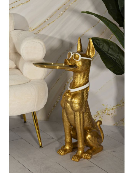 Statue déco moderne Dobermann avec plateau Hauteur 74 cm en Résine Métal Doré Blanc Pit 
