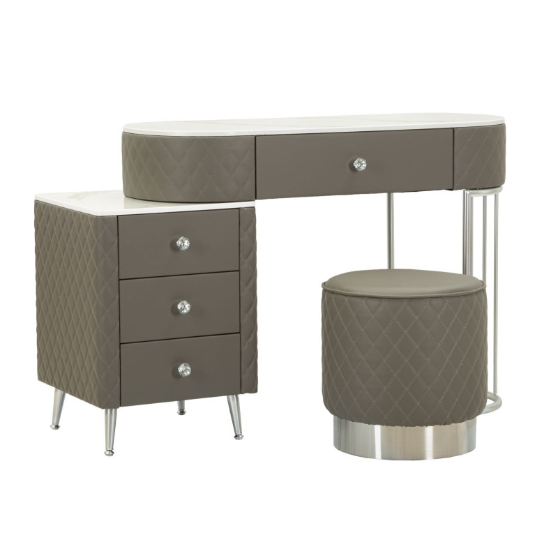 Coiffeuse moderne avec tabouret 4 tiroirs en Polyuréthane Gris Matelassé Bois MDF Métal Argenté Sharon 