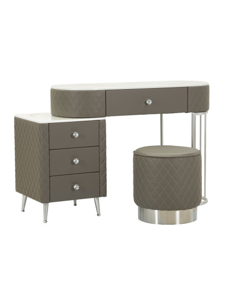Coiffeuse moderne avec tabouret 4 tiroirs en Polyuréthane Gris Matelassé Bois MDF Métal Argenté Sharon 