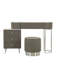 Coiffeuse moderne avec tabouret 4 tiroirs en Polyuréthane Gris Matelassé Bois MDF Métal Argenté Sharon 
