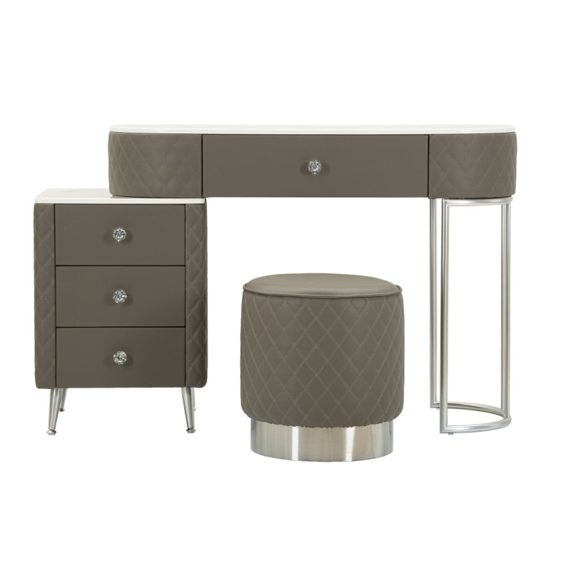 Coiffeuse moderne avec tabouret 4 tiroirs en Polyuréthane Gris Matelassé Bois MDF Métal Argenté Sharon 