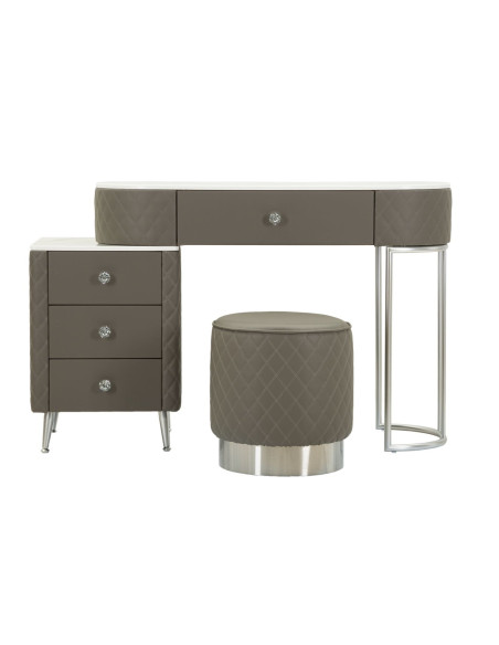 Coiffeuse moderne avec tabouret 4 tiroirs en Polyuréthane Gris Matelassé Bois MDF Métal Argenté Sharon 