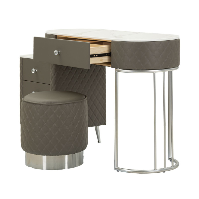 Coiffeuse moderne avec tabouret 4 tiroirs en Polyuréthane Gris Matelassé Bois MDF Métal Argenté Sharon 