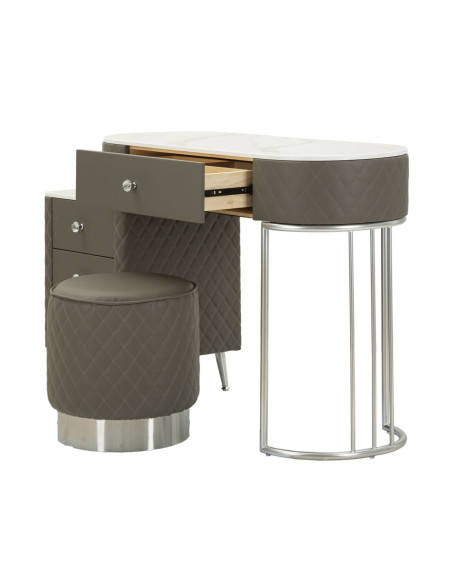 Coiffeuse moderne avec tabouret 4 tiroirs en Polyuréthane Gris Matelassé Bois MDF Métal Argenté Sharon 