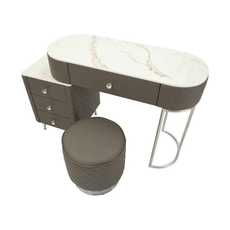 Coiffeuse moderne avec tabouret 4 tiroirs en Polyuréthane Gris Matelassé Bois MDF Métal Argenté Sharon 