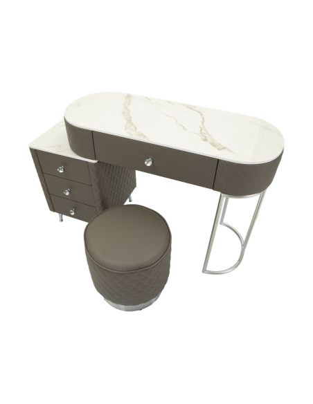 Coiffeuse moderne avec tabouret 4 tiroirs en Polyuréthane Gris Matelassé Bois MDF Métal Argenté Sharon 