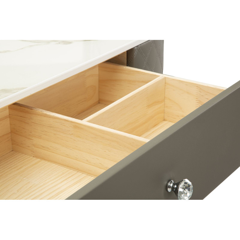 Coiffeuse moderne avec tabouret 4 tiroirs en Polyuréthane Gris Matelassé Bois MDF Métal Argenté Sharon 