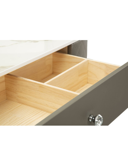 Coiffeuse moderne avec tabouret 4 tiroirs en Polyuréthane Gris Matelassé Bois MDF Métal Argenté Sharon 