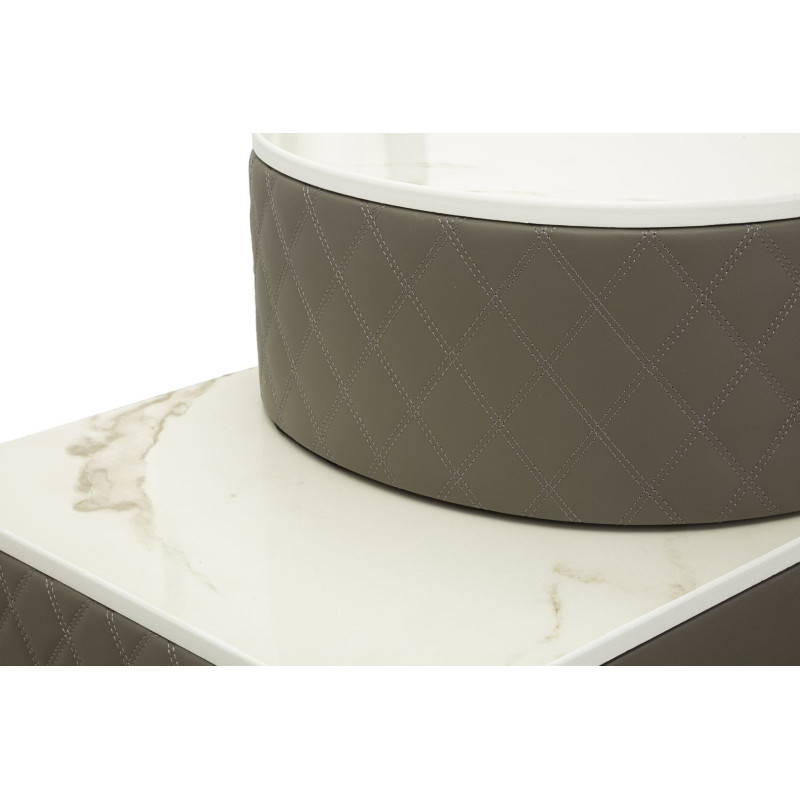 Coiffeuse moderne avec tabouret 4 tiroirs en Polyuréthane Gris Matelassé Bois MDF Métal Argenté Sharon 