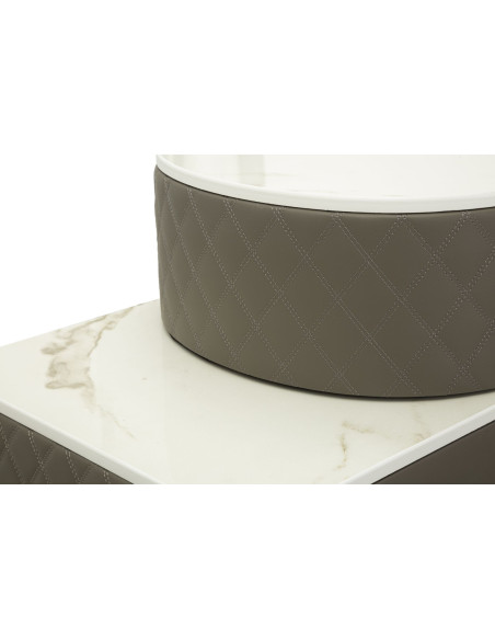 Coiffeuse moderne avec tabouret 4 tiroirs en Polyuréthane Gris Matelassé Bois MDF Métal Argenté Sharon 